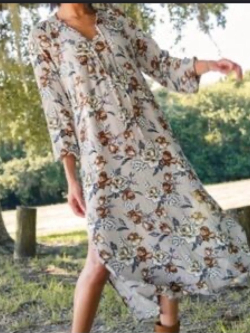 Natural Life Floral Button-Front Maxi Dress in Gray/Tan/Blue-M
